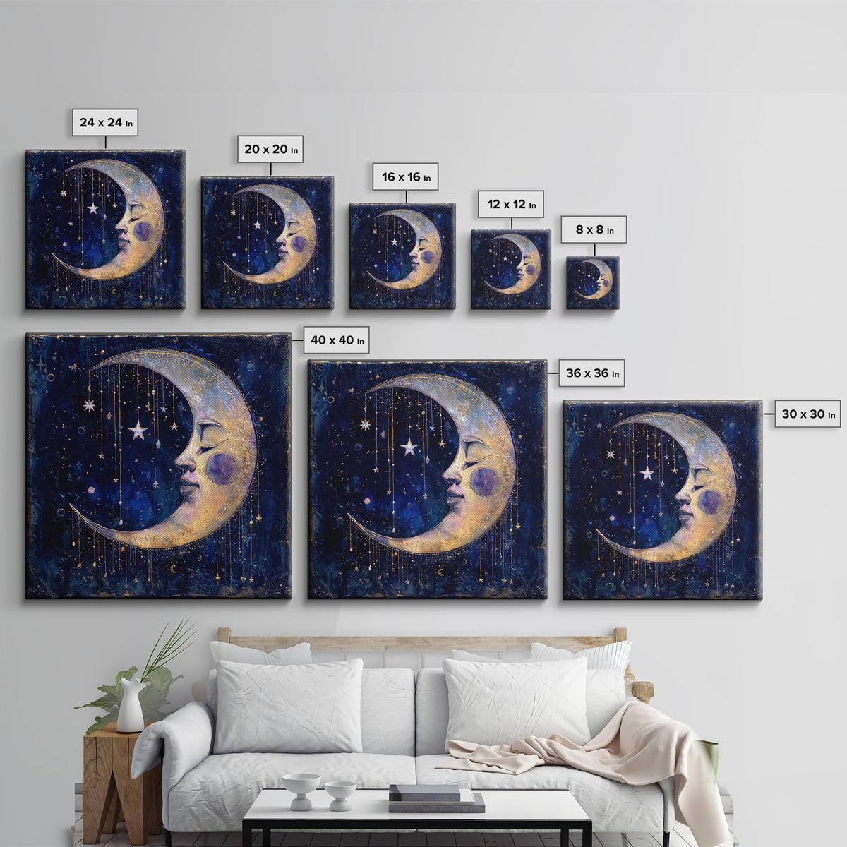 Moon with Sleeping Face and Dangling Stars Framed Canvas Print, Whimsical Art, Printable Art, Living Room Decor, Wonder, WHI-1x1-16