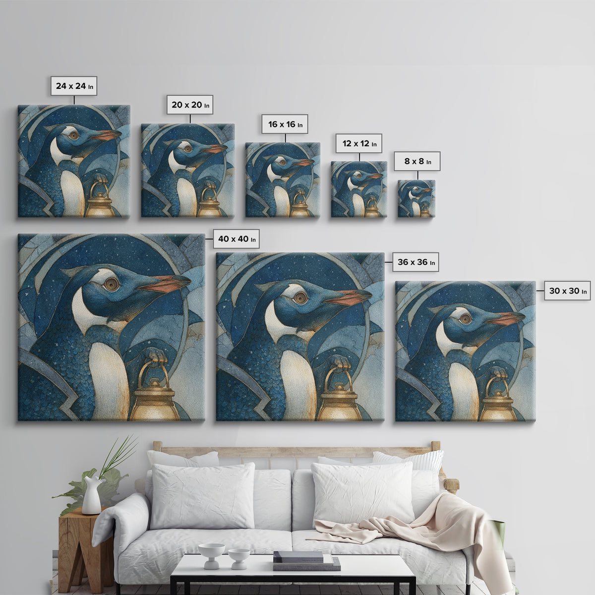 Penguin Holding a Lantern Canvas Print, Whimsical Art, Gallery Decor, Living Room Decor, Fine Art, Wonder, Wall Art, Home Decor, WHI-1x1-17