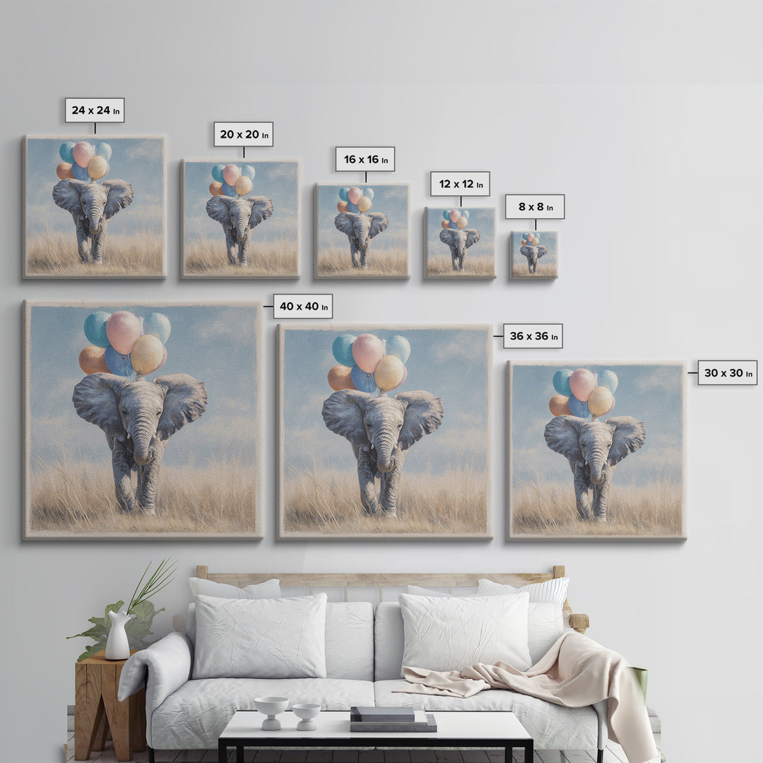 Elephant Holding Balloons Framed Canvas Print, Whimsical Art, Nursery, Living Room Decor, Fine Art, Wonder, Watercolor Art, WHI-1x1-27
