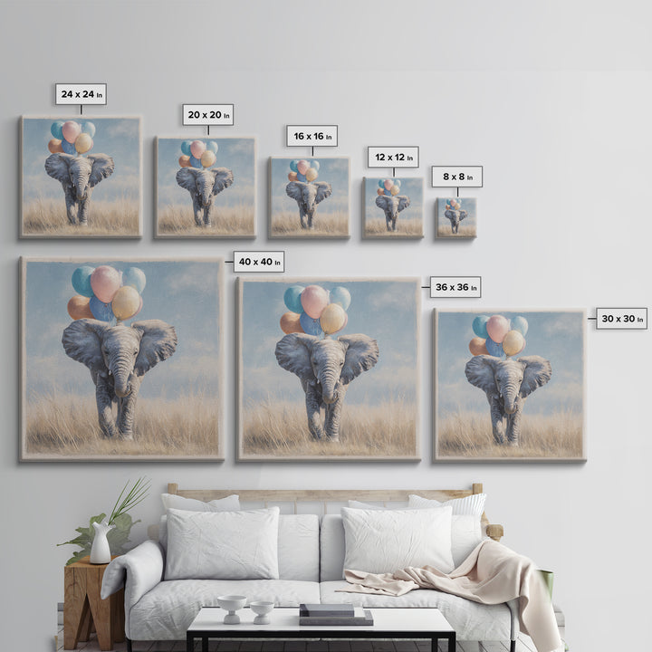 Elephant Holding Balloons Framed Canvas Print, Whimsical Art, Nursery, Living Room Decor, Fine Art, Wonder, Watercolor Art, WHI-1x1-27