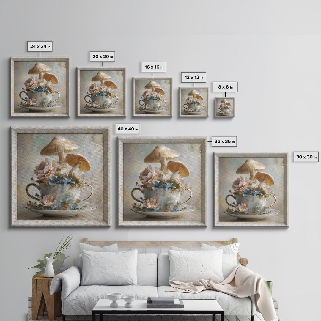 Teacup Garden with Tiny Mushrooms Framed Canvas Print, Whimsical Art, Printable Wall Art, Living Room Decor, Fine Art, Wonder, WHI-1x1-28