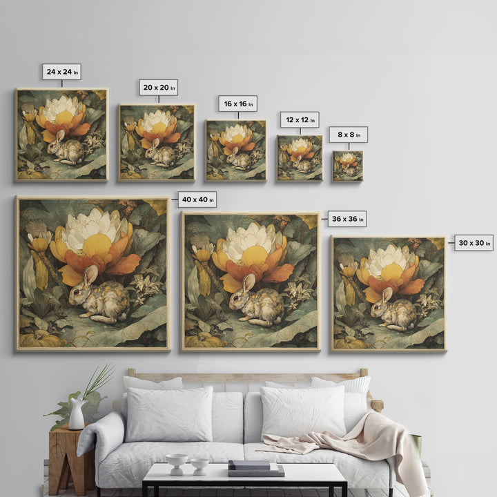Rabbit Reading Beneath a Giant Flower Framed Canvas Print, Whimsical Art, Textured Painting, Living Room Decor, Wonder, WHI-1x1-29
