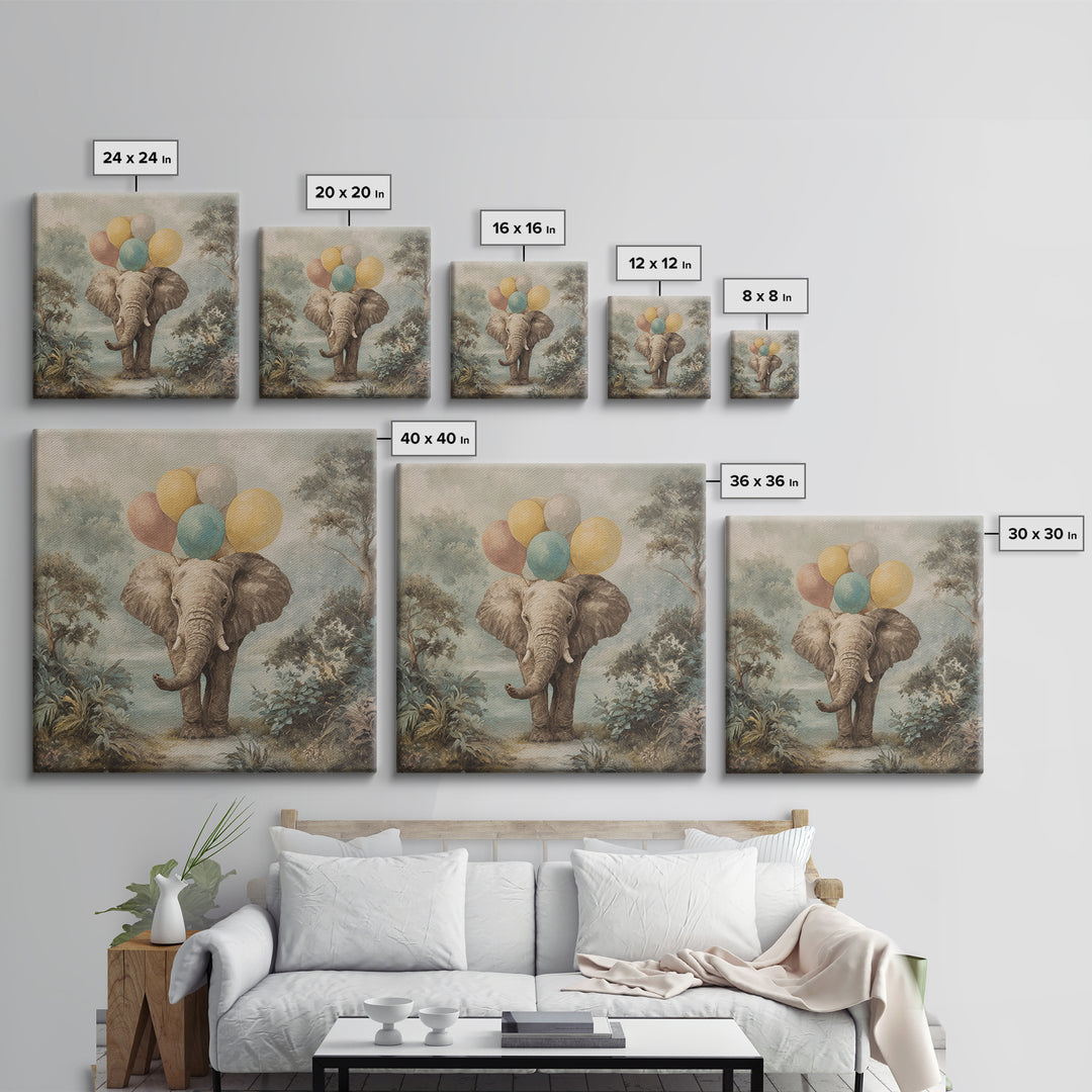Elephant Holding Balloons Canvas Print, Whimsical Art, Art Nouveau, Living Room Decor, Abstract Art, Wonder, Nursery Wall Decor, WHI-1x1-3