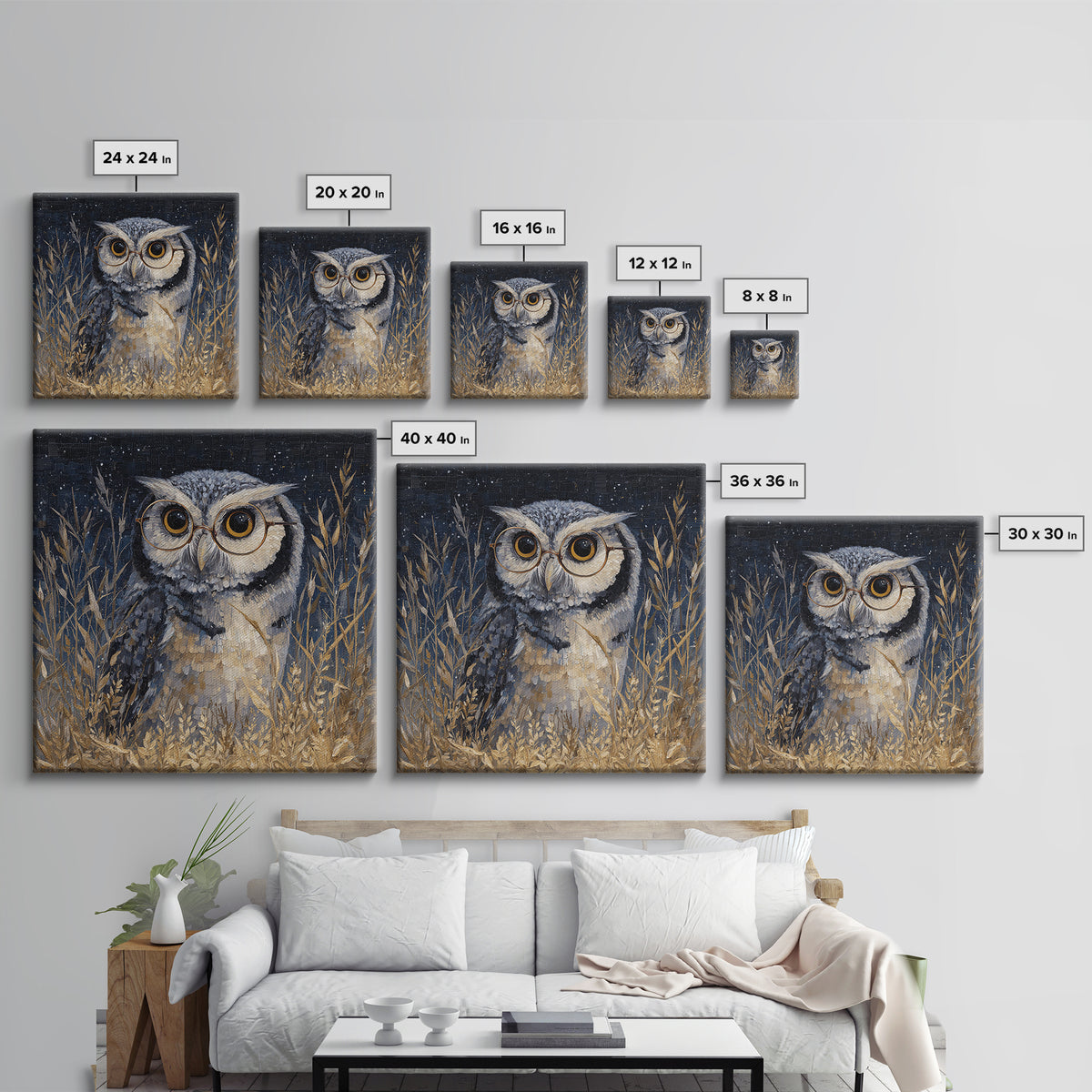 Owl Wearing Spectacles Among Stars Canvas Print, Whimsical Art, Nursery Prints, Living Room Decor, Oil Painting, Wonder, WHI-1x1-30