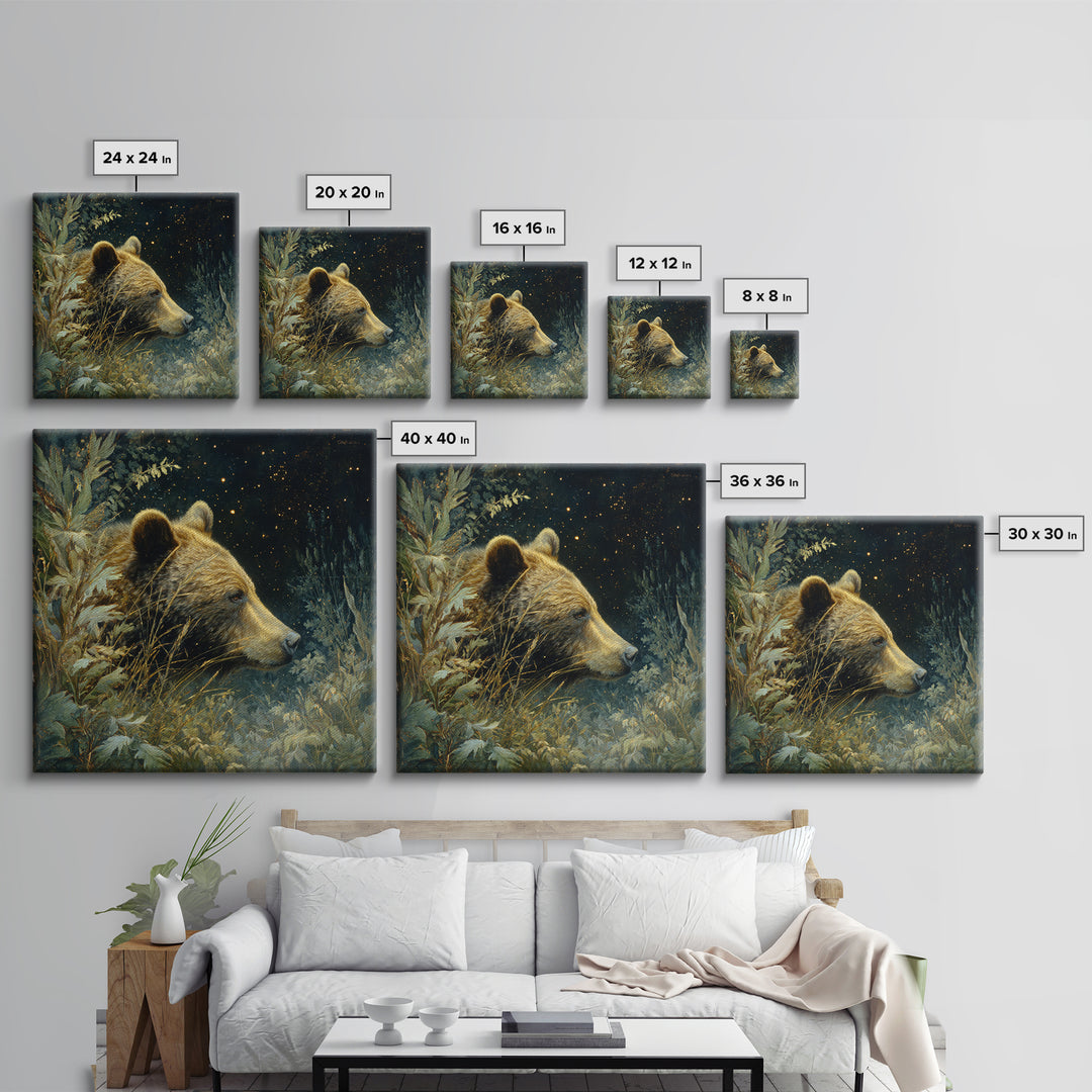 Bear Painting Stars Onto the Night Sky Framed Canvas Print, Whimsical Art, Living Room Decor, Abstract Art, Wonder, WHI-1x1-33