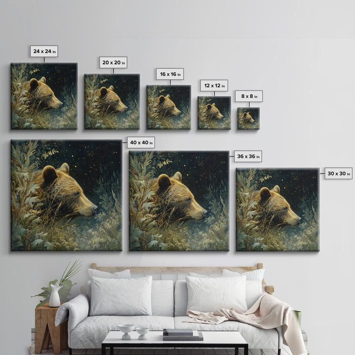 Bear Painting Stars Onto the Night Sky Framed Canvas Print, Whimsical Art, Living Room Decor, Abstract Art, Wonder, WHI-1x1-33