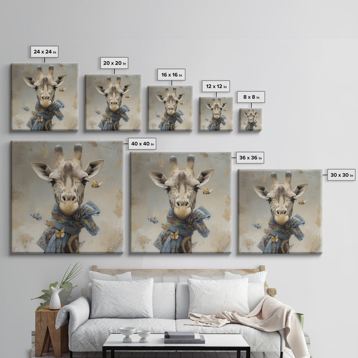 Giraffe with Scarf and Butterflies Framed Canvas Print, Whimsical Art, Watercolor Art, Living Room Decor, Wonder, WHI-1x1-34