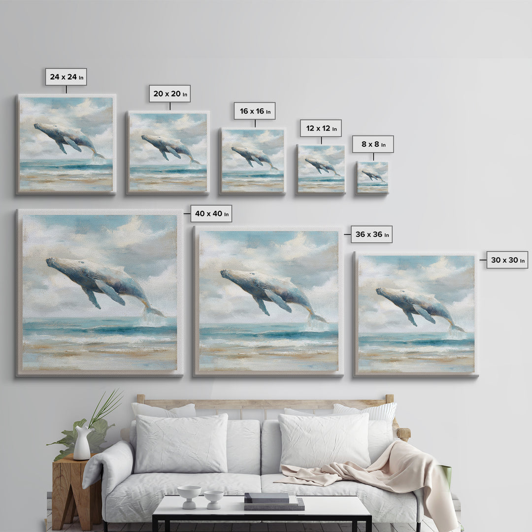 Whale Flying Through Clouds Like Ocean Framed Canvas Print, Whimsical Art, Boho Decor, Living Room Decor, Fine Art, Wonder, WHI-1x1-37