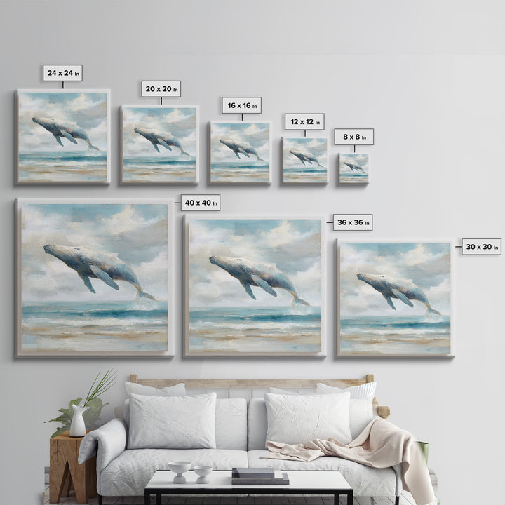 Whale Flying Through Clouds Like Ocean Framed Canvas Print, Whimsical Art, Boho Decor, Living Room Decor, Fine Art, Wonder, WHI-1x1-37