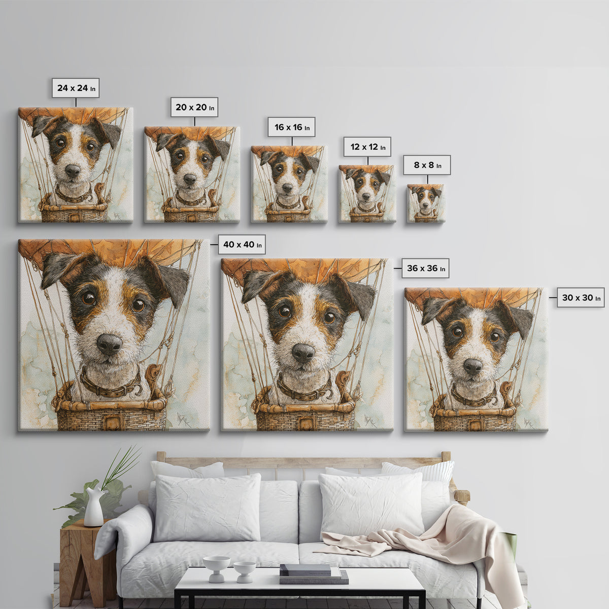Dog in a Hot Air Balloon Framed Canvas Print, Whimsical Art, Gallery Decor, Living Room Decor, Fine Art, Wonder, Wall Art, WHI-1x1-38