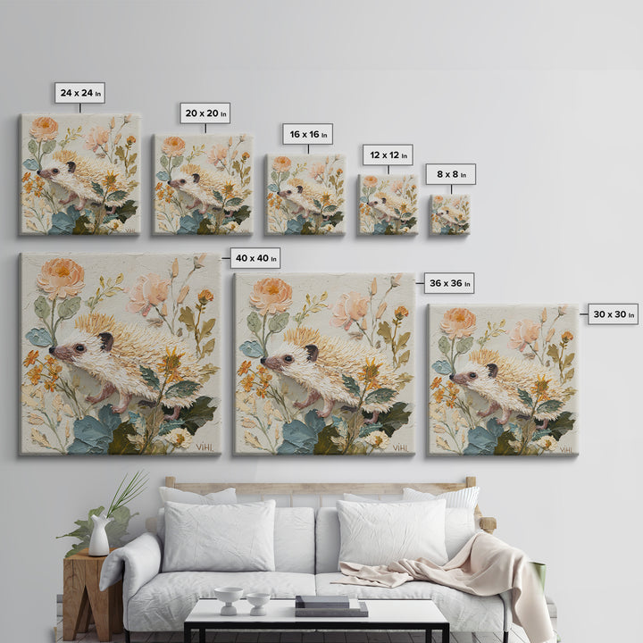 Hedgehog Carrying Wildflowers Framed Canvas Print, Whimsical Art, Dark Academia Decor, Living Room Decor, Fine Art, Wonder, WHI-1x1-39