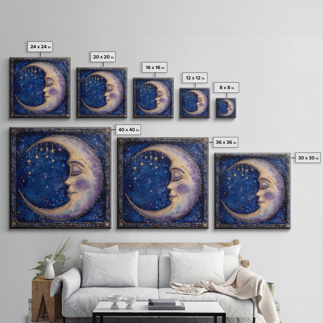 Moon with Sleeping Face and Dangling Stars Framed Canvas Print, Whimsical Art, Room Decor, Living Room Decor, Oil Painting, WHI-1x1-40