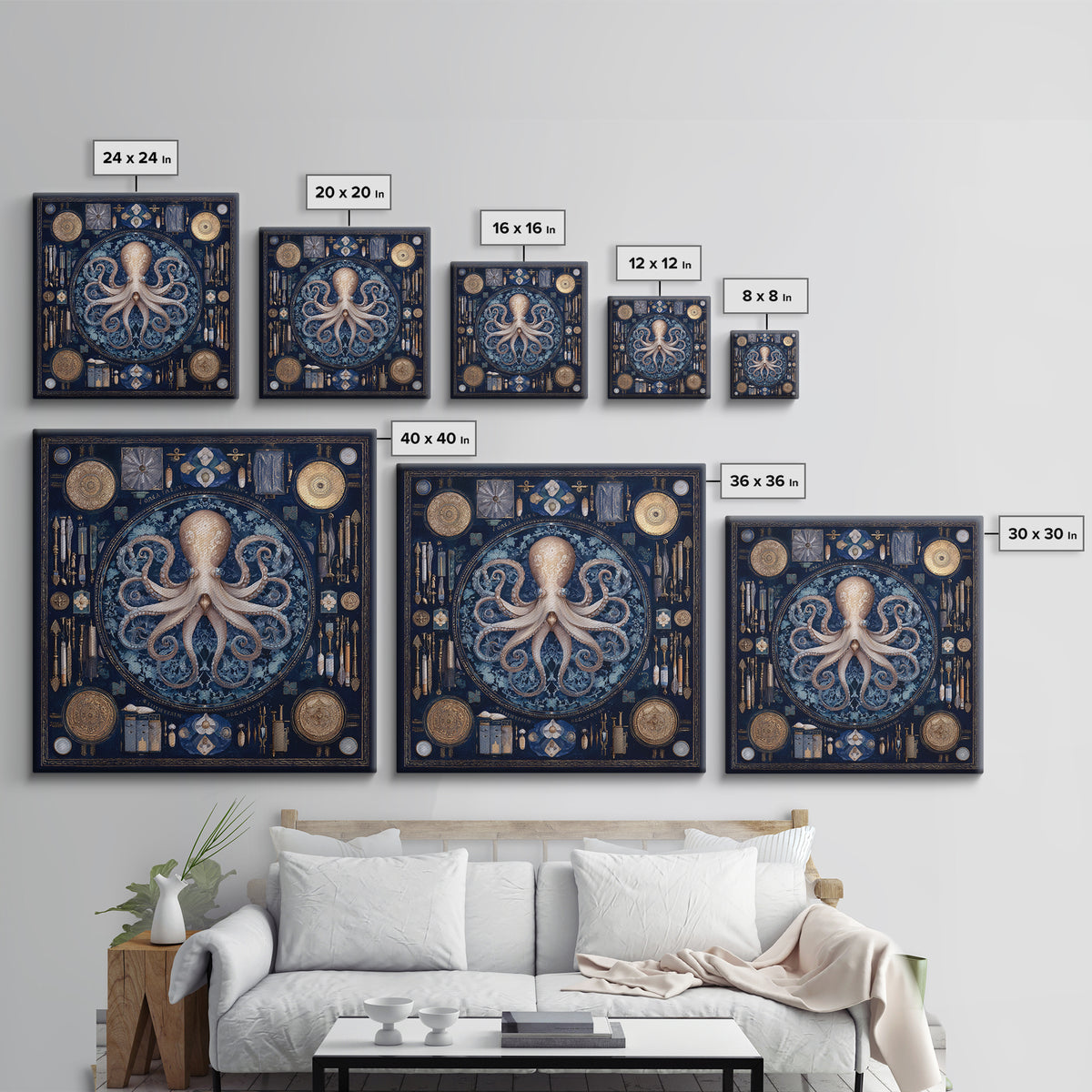 Octopus Conductor with Tiny Instruments Framed Canvas Print, Whimsical Art, Bird Art, Living Room Decor, Abstract Art, Wonder, WHI-1x1-42