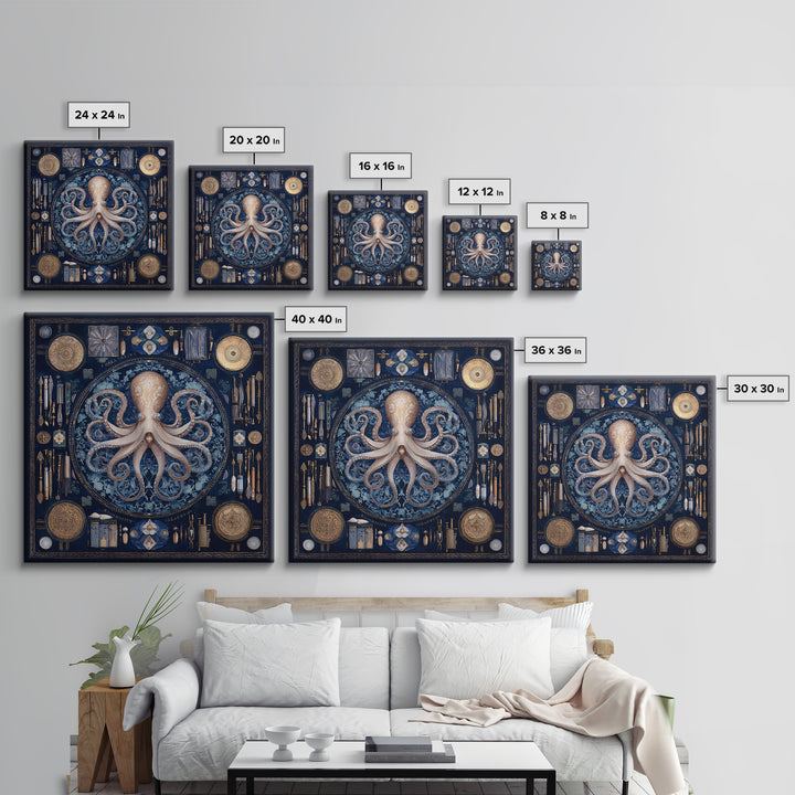 Octopus Conductor with Tiny Instruments Framed Canvas Print, Whimsical Art, Bird Art, Living Room Decor, Abstract Art, Wonder, WHI-1x1-42