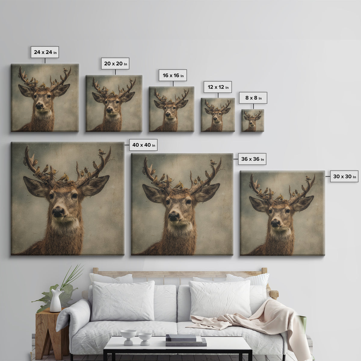 Deer with Antlers Full of Birds Framed Canvas Print, Whimsical Art, Dopamine Decor, Living Room Decor, Oil Painting, Wonder, WHI-1x1-43