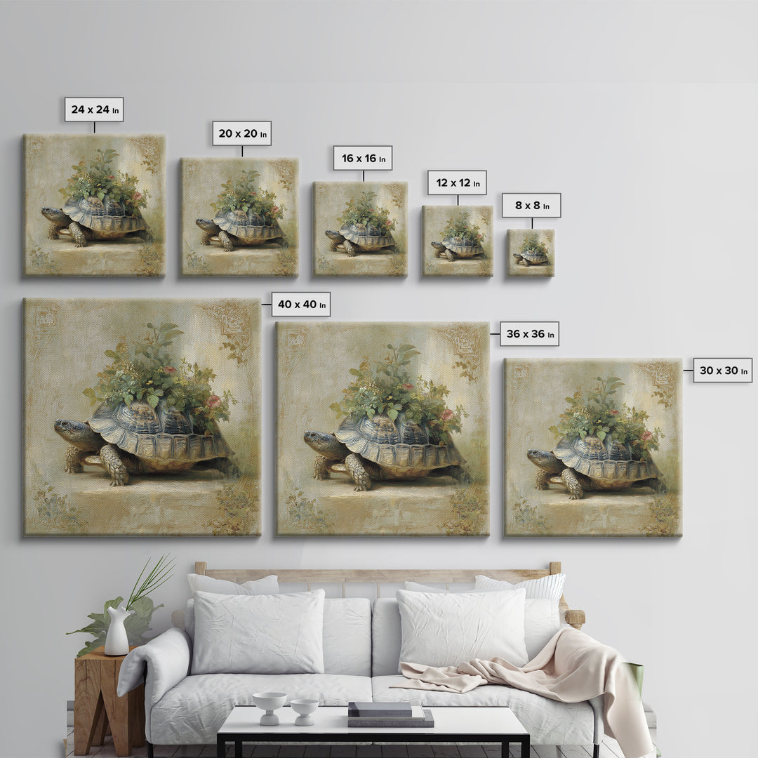 Turtle with Garden Growing on Shell Framed Canvas Print, Whimsical Art, Nursery Art, Living Room Decor, Oil Painting, Wonder, WHI-1x1-46