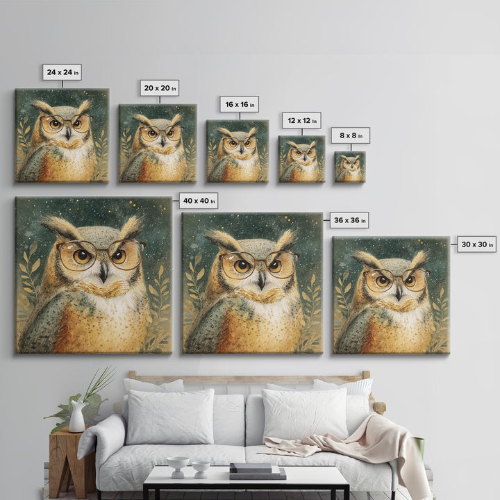 Owl Wearing Spectacles Among Stars Canvas Print, Whimsical Art, Nursery Prints, Living Room Decor, Oil Painting, Wonder, WHI-1x1-54