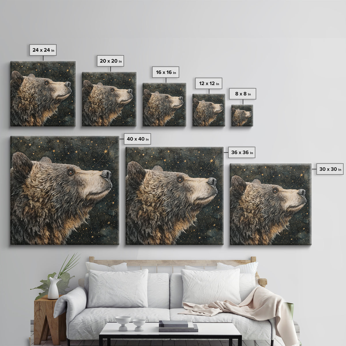 Bear Painting Stars Onto the Night Sky Framed Canvas Print, Whimsical Art, Living Room Decor, Abstract Art, Wonder, WHI-1x1-57
