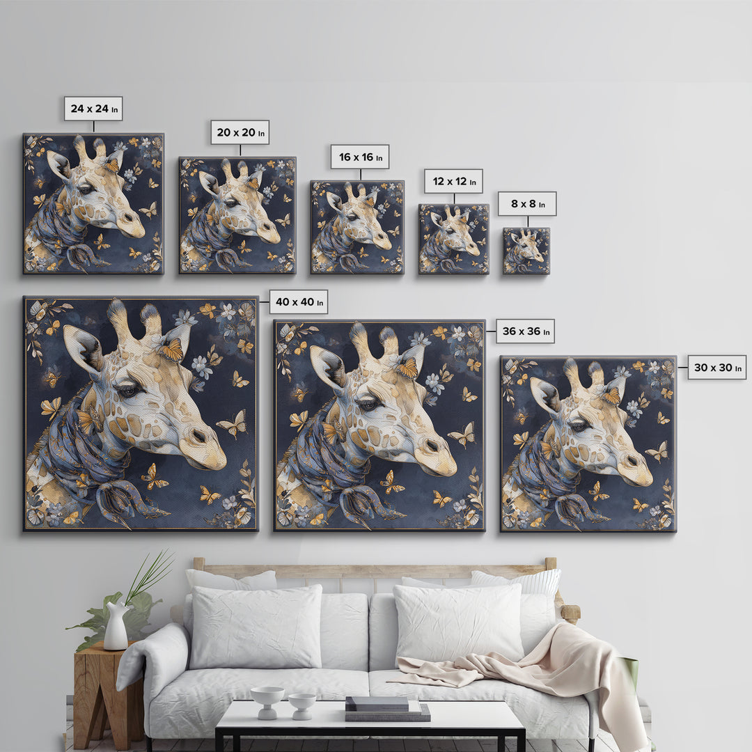 Giraffe with Scarf and Butterflies Framed Canvas Print, Whimsical Art, Watercolor Art, Living Room Decor, Wonder, WHI-1x1-58