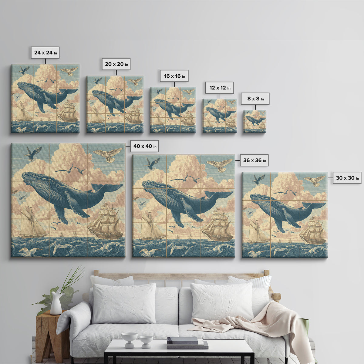 Whale Flying Through Clouds Like Ocean Framed Canvas Print, Whimsical Art, Boho Decor, Living Room Decor, Fine Art, Wonder, WHI-1x1-61