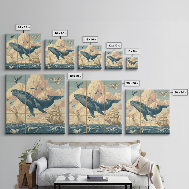 Whale Flying Through Clouds Like Ocean Framed Canvas Print, Whimsical Art, Boho Decor, Living Room Decor, Fine Art, Wonder, WHI-1x1-61