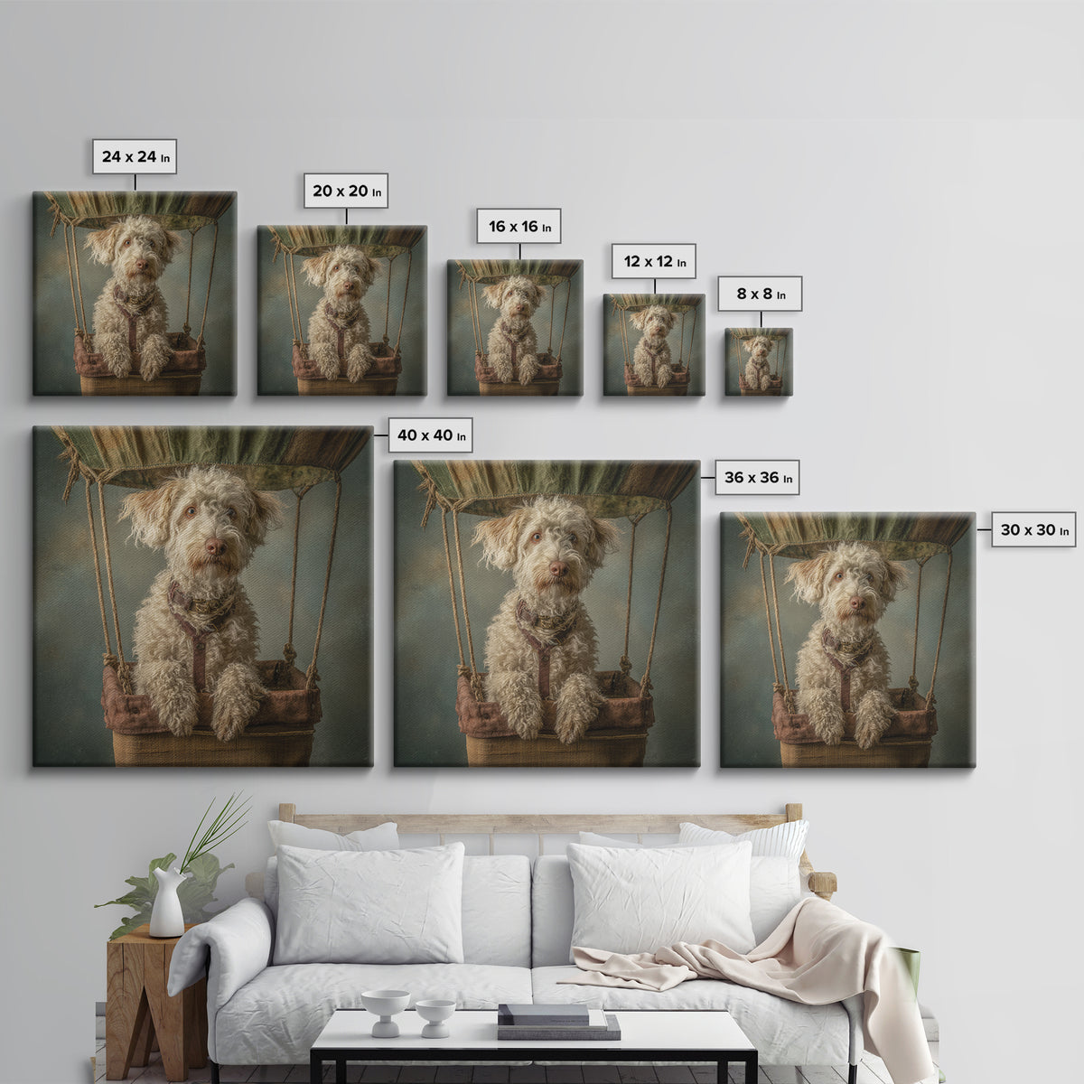 Dog in a Hot Air Balloon Framed Canvas Print, Whimsical Art, Gallery Decor, Living Room Decor, Fine Art, Wonder, Wall Art, WHI-1x1-62