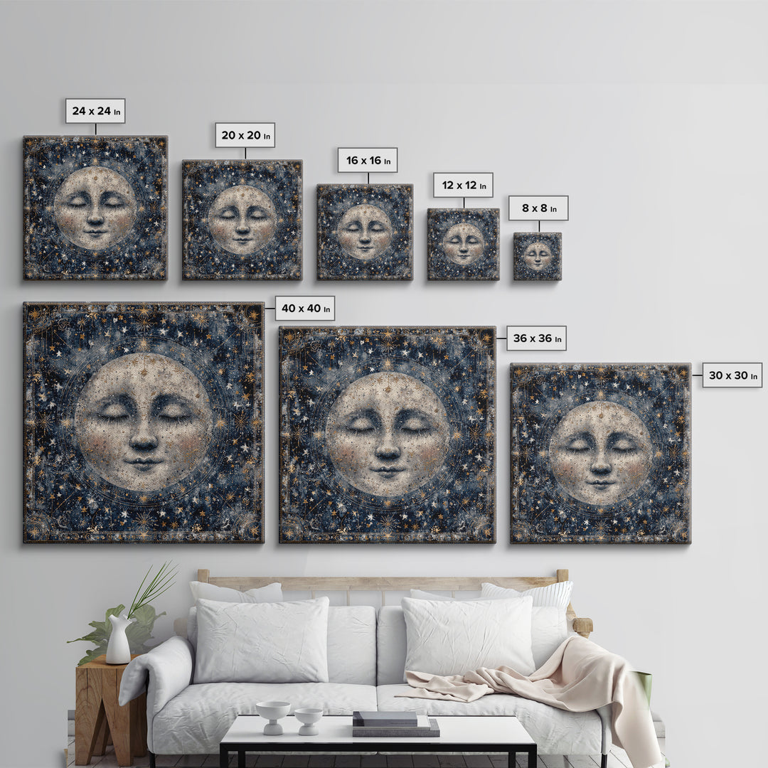 Moon with Sleeping Face and Dangling Stars Framed Canvas Print, Whimsical Art, Living Room Decor, Wonder, Gallery Decor, WHI-1x1-64