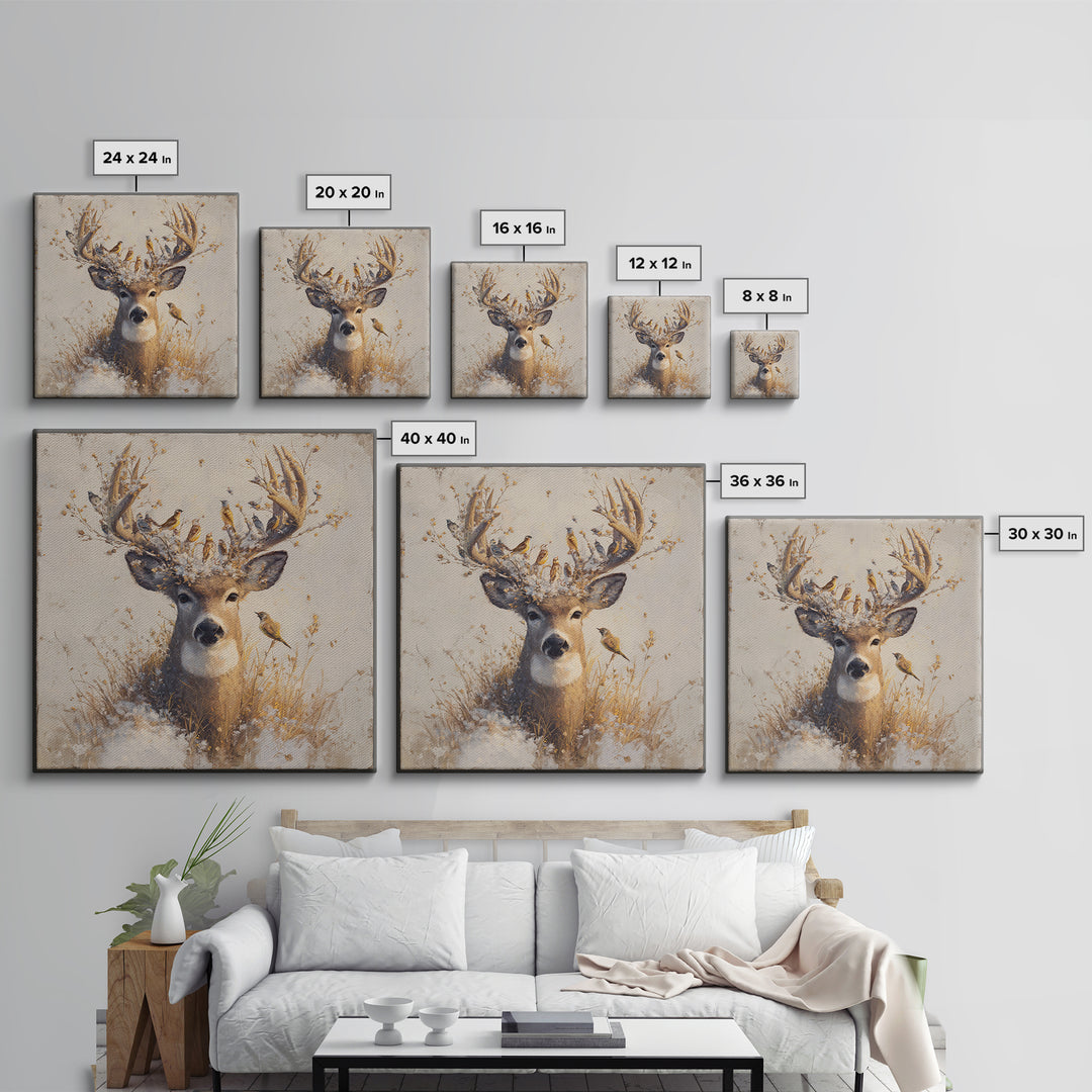 Deer with Antlers Full of Birds Framed Canvas Print, Whimsical Art, Modern Decor, Living Room Decor, Fine Art, Wonder, WHI-1x1-67