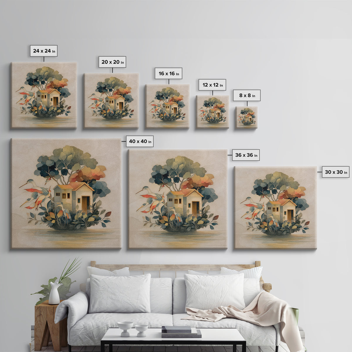 Floating House Carried by Colorful Birds Framed Canvas Print, Whimsical Art, Framed Wall Art, Living Room Decor, Wonder, WHI-1x1-7