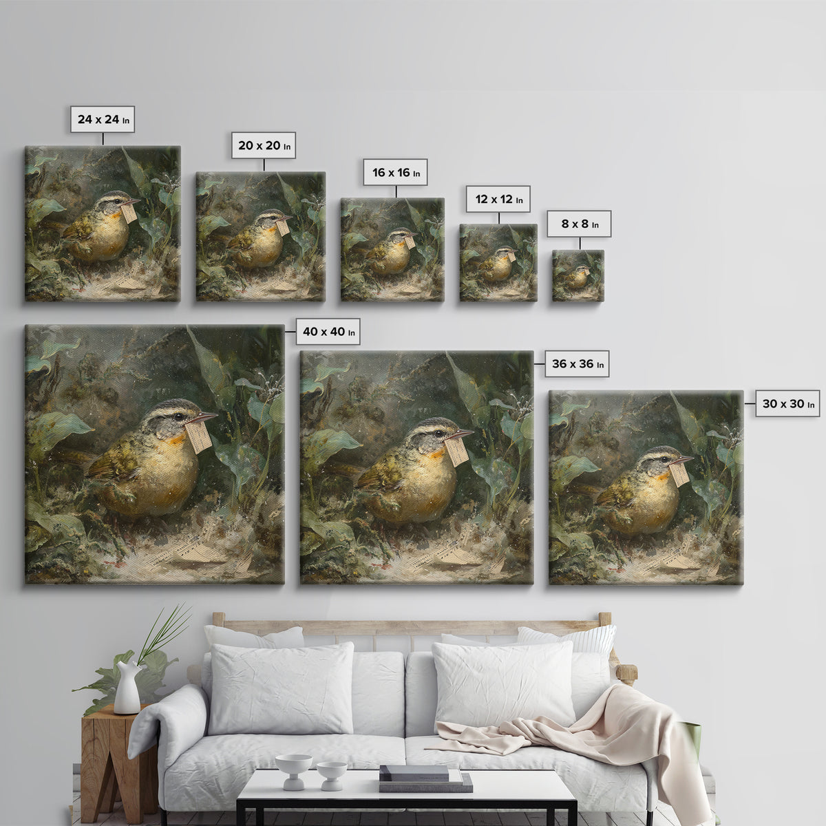 Bird Delivering a Tiny Love Letter Framed Canvas Print, Whimsical Art, Cat Art, Living Room Decor, Fine Art, Wonder, WHI-1x1-71