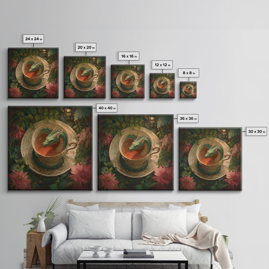 Dragon Curled Around a Teacup Framed Canvas Print, Whimsical Art, Bird Art, Living Room Decor, Abstract Art, Wonder, WHI-1x1-72