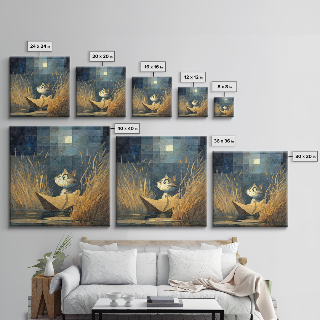 Cat Sailing a Paper Boat Framed Canvas Print, Whimsical Art, Fine Art Print, Living Room Decor, Fine Art, Wonder, Prints, WHI-1x1-74