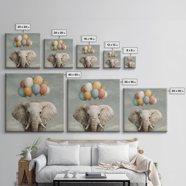 Elephant Holding Balloons Canvas Print, Whimsical Art, Statement Artwork, Living Room Decor, Fine Art, Wonder, Art Print, WHI-1x1-75