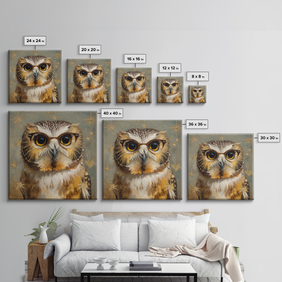 Owl Wearing Spectacles Among Stars Framed Canvas Print, Whimsical Art, Statement Artwork, Living Room Decor, Fine Art, Wonder, WHI-1x1-78