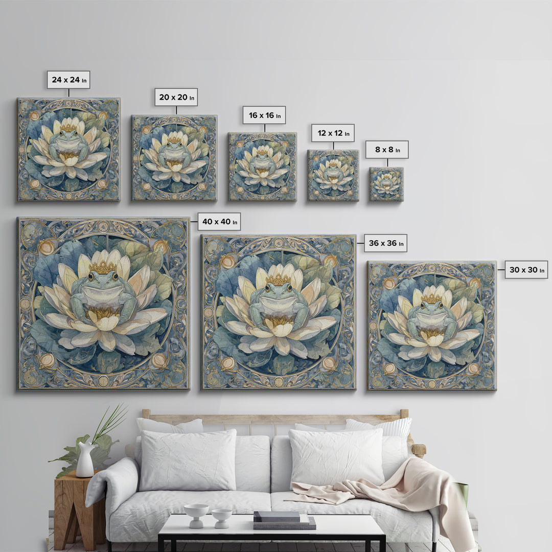 Frog Prince on a Lily Pad Framed Canvas Print, Whimsical Art, Oil Painting, Living Room Decor, Wonder, Dark Academia Decor, WHI-1x1-8