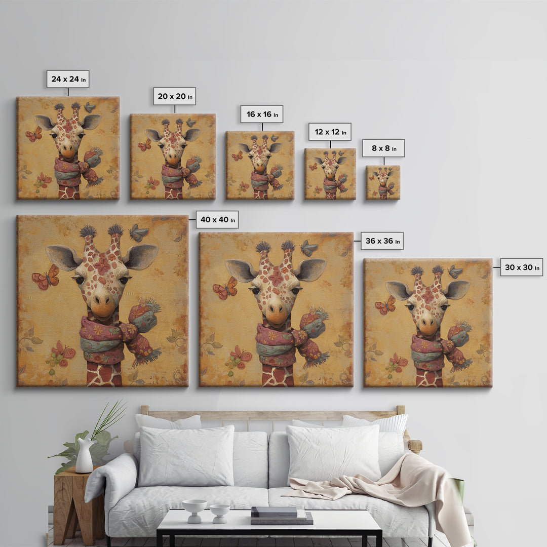 Giraffe with Scarf and Butterflies Canvas Print, Whimsical Art, Boho Decor, Living Room Decor, Oil Painting, Wonder, WHI-1x1-82