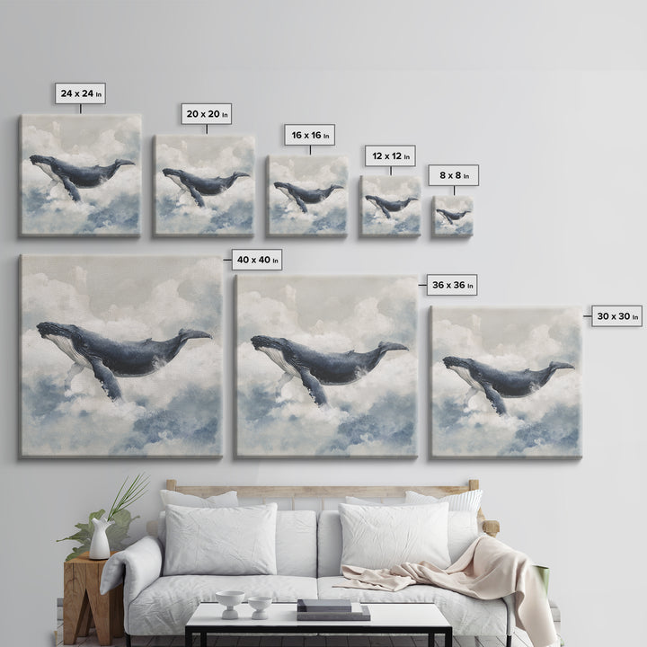 Whale Flying Through Clouds Like Ocean Canvas Print, Whimsical Art, Minimalist Decor, Living Room Decor, Oil Painting, Wonder, WHI-1x1-85