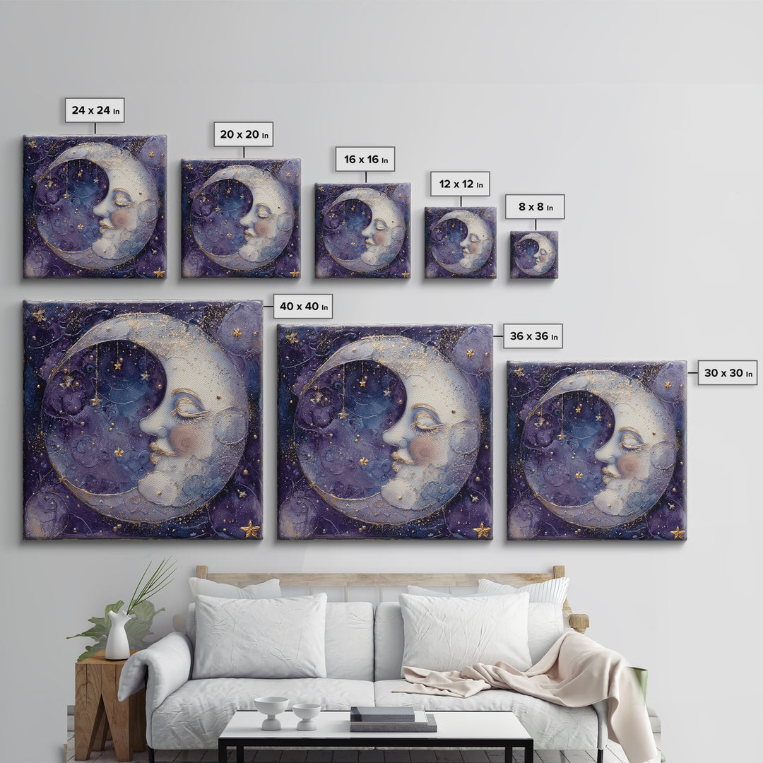 Moon with Sleeping Face and Dangling Stars Framed Canvas Print, Whimsical Art, Minimalist Decor, Living Room Decor, Wonder, WHI-1x1-88