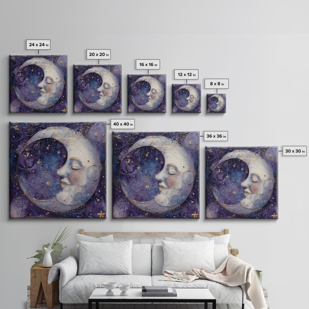 Moon with Sleeping Face and Dangling Stars Framed Canvas Print, Whimsical Art, Minimalist Decor, Living Room Decor, Wonder, WHI-1x1-88