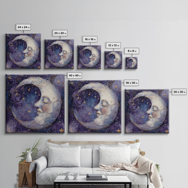 Moon with Sleeping Face and Dangling Stars Framed Canvas Print, Whimsical Art, Minimalist Decor, Living Room Decor, Wonder, WHI-1x1-88