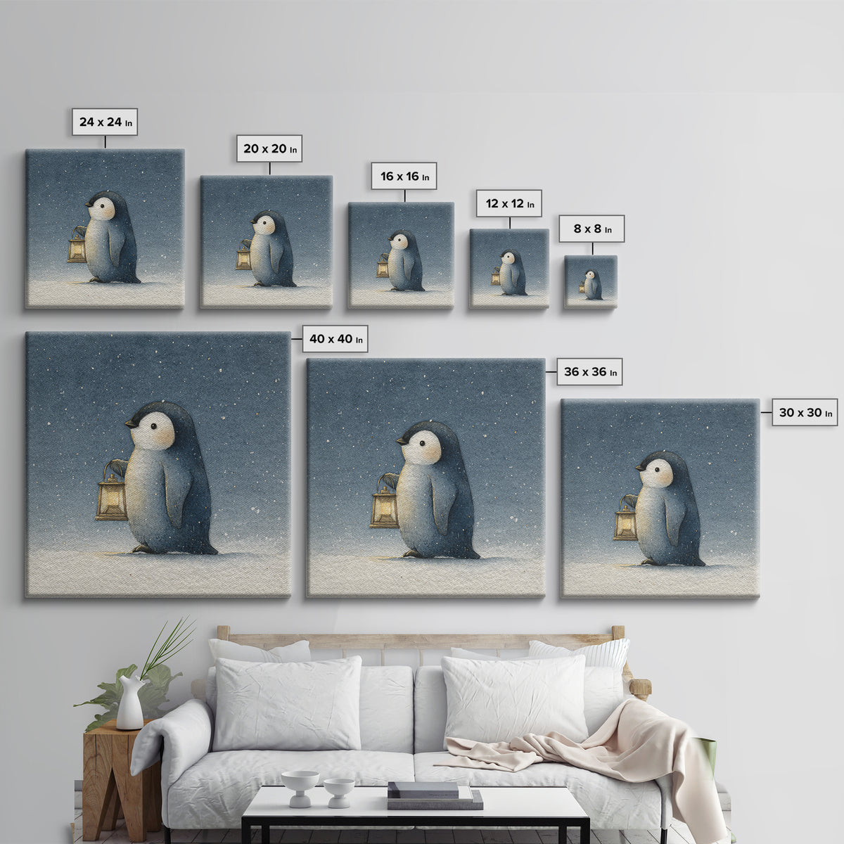 Penguin Holding a Lantern Canvas Print, Whimsical Art, Contemporary Art, Living Room Decor, Fine Art, Wonder, Art Nouveau, WHI-1x1-89