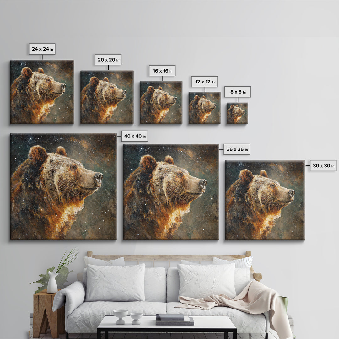 Bear Painting Stars Onto the Night Sky Canvas Print, Whimsical Art, Statement Artwork, Living Room Decor, Fine Art, Wonder, WHI-1x1-9