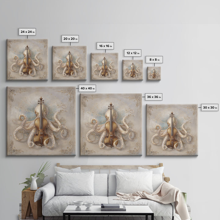 Octopus Conductor with Tiny Instruments Canvas Print, Whimsical Art, Neutral Decor, Living Room Decor, Fine Art, Wonder, WHI-1x1-90