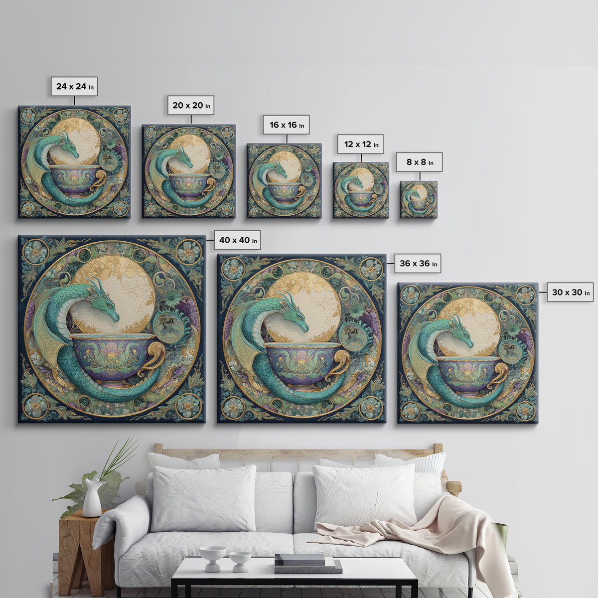 Dragon Curled Around a Teacup Framed Canvas Print, Whimsical Art, Pet Portrait, Living Room Decor, Wonder, Abstract Wall Art, WHI-1x1-96