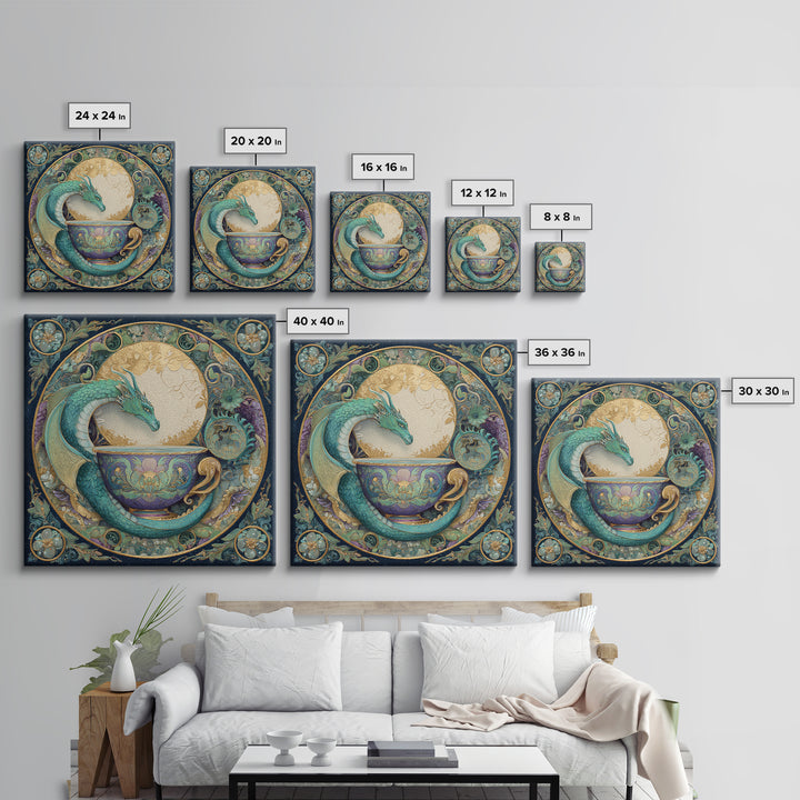 Dragon Curled Around a Teacup Framed Canvas Print, Whimsical Art, Pet Portrait, Living Room Decor, Wonder, Abstract Wall Art, WHI-1x1-96