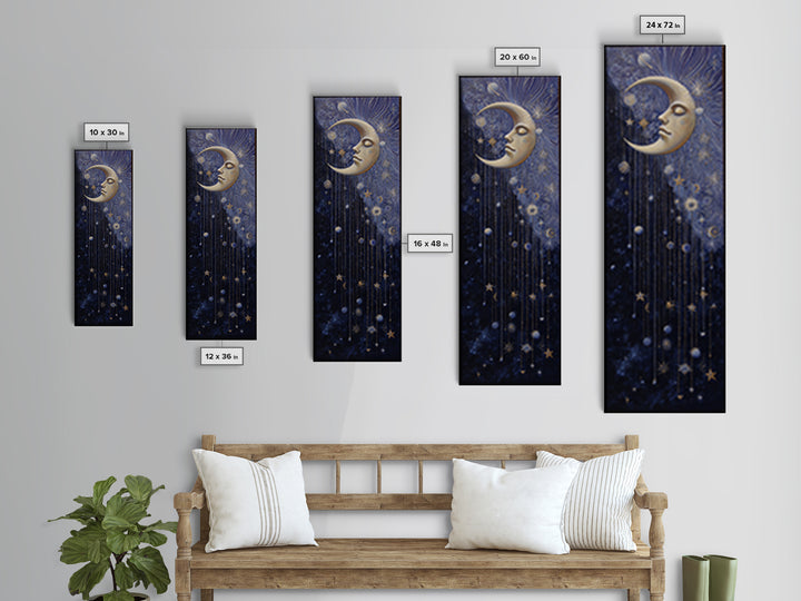Moon with Sleeping Face and Dangling Stars Canvas Print, Whimsical Art, Nursery Art, Living Room Decor, Fine Art, Wonder, WHI-1x3-100