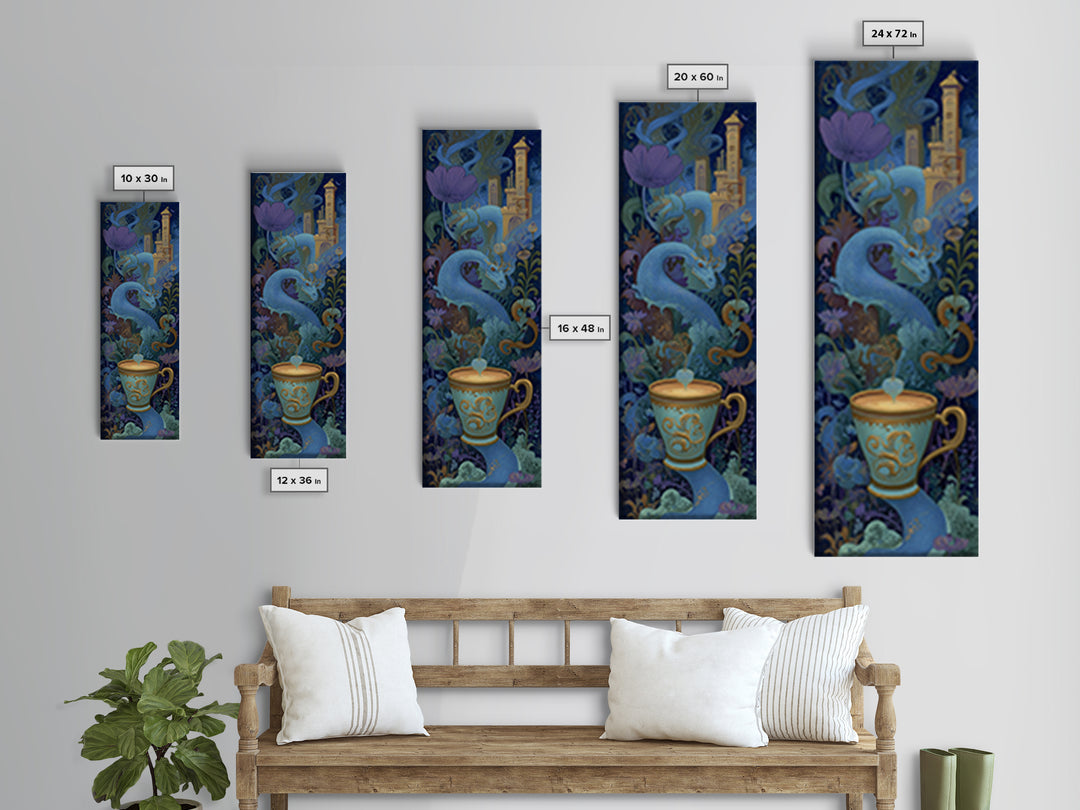 Dragon Curled Around a Teacup Canvas Print, Whimsical Art, Wall Art, Living Room Decor, Oil Painting, Wonder, Framed Wall Art, WHI-1x3-12