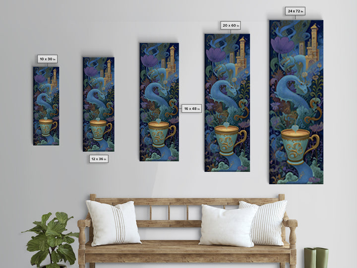 Dragon Curled Around a Teacup Canvas Print, Whimsical Art, Wall Art, Living Room Decor, Oil Painting, Wonder, Framed Wall Art, WHI-1x3-12