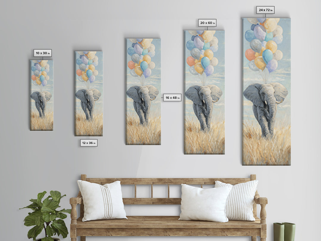 Elephant Holding Balloons Framed Canvas Print, Whimsical Art, Art Nouveau, Living Room Decor, Abstract Art, Wonder, WHI-1x3-15
