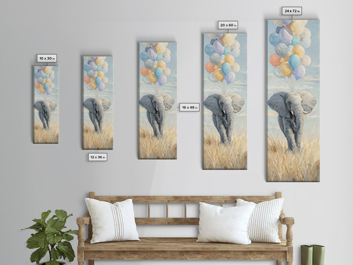 Elephant Holding Balloons Framed Canvas Print, Whimsical Art, Art Nouveau, Living Room Decor, Abstract Art, Wonder, WHI-1x3-15